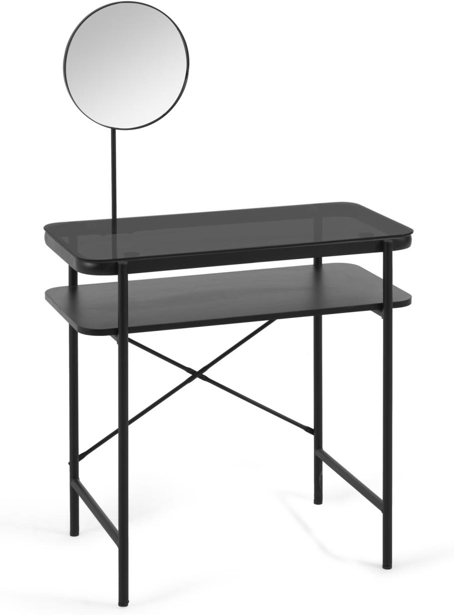 Sminkebord Makeup-bord Kave Home Galatia Sort Stål Og Glas Med Roterende Spejl Og Justerbare Ben Industrielt Moderne Design 80x44 5x130 Cm