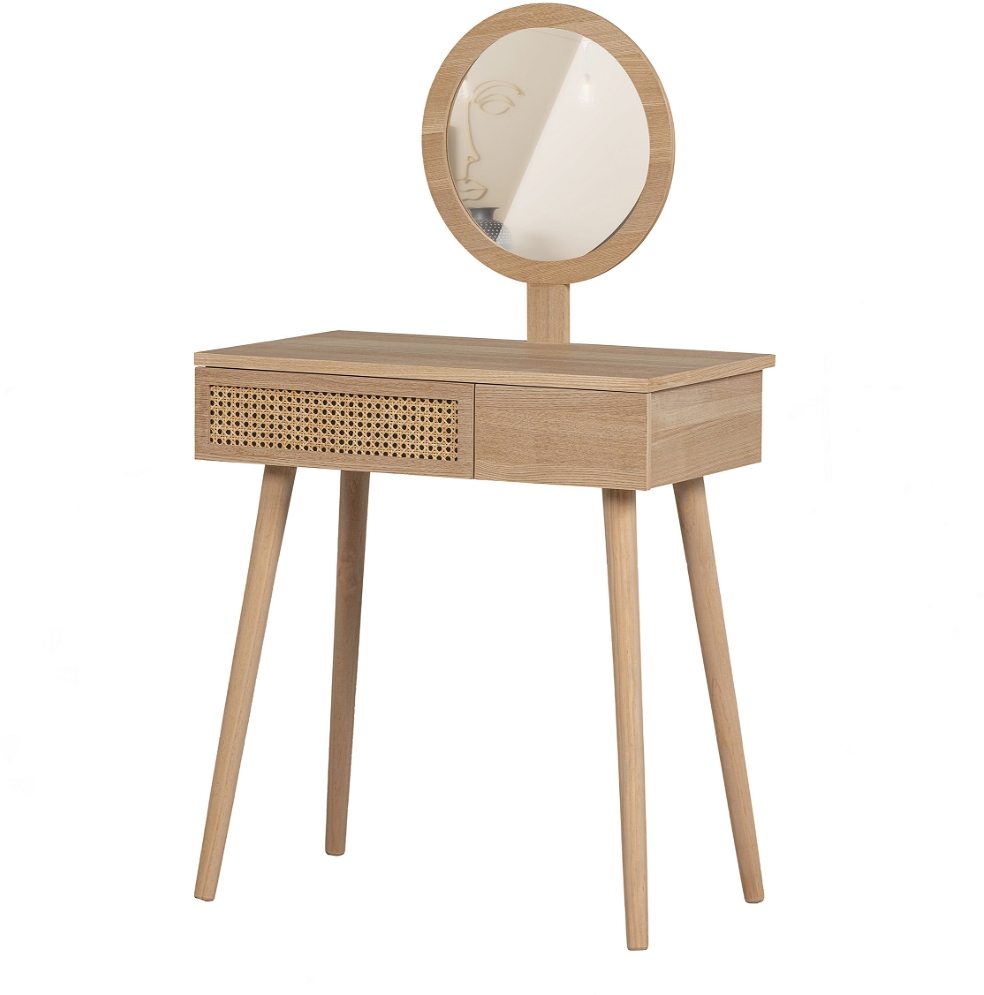 Sminkebord Woood Soof Natur   Kompakt Mdf   Fyrretræ Med   Skuffer   Rundt Spejl  Skandinavisk Design  Fsc-certificeret