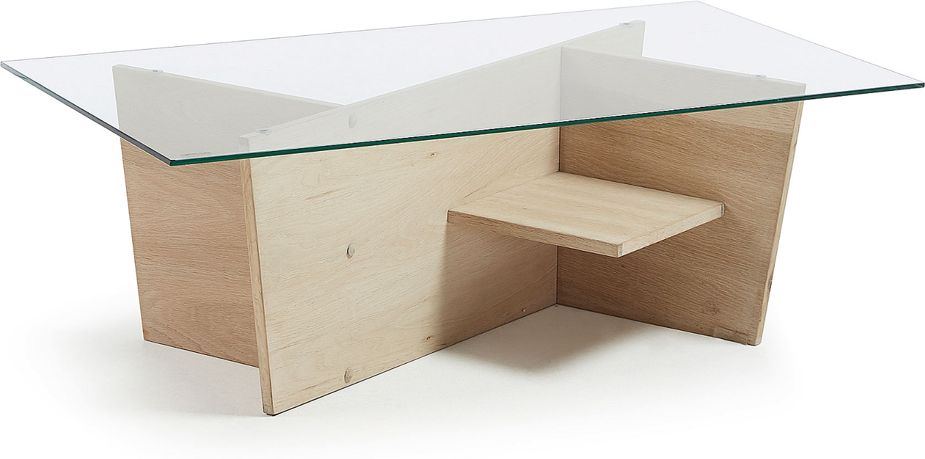 Sofabord Kave Home Brooke Moderne Design Med Massiv Glasplade  Hvide Egetræsben Og Hylder Til Opbevaring 110x60x36 Cm