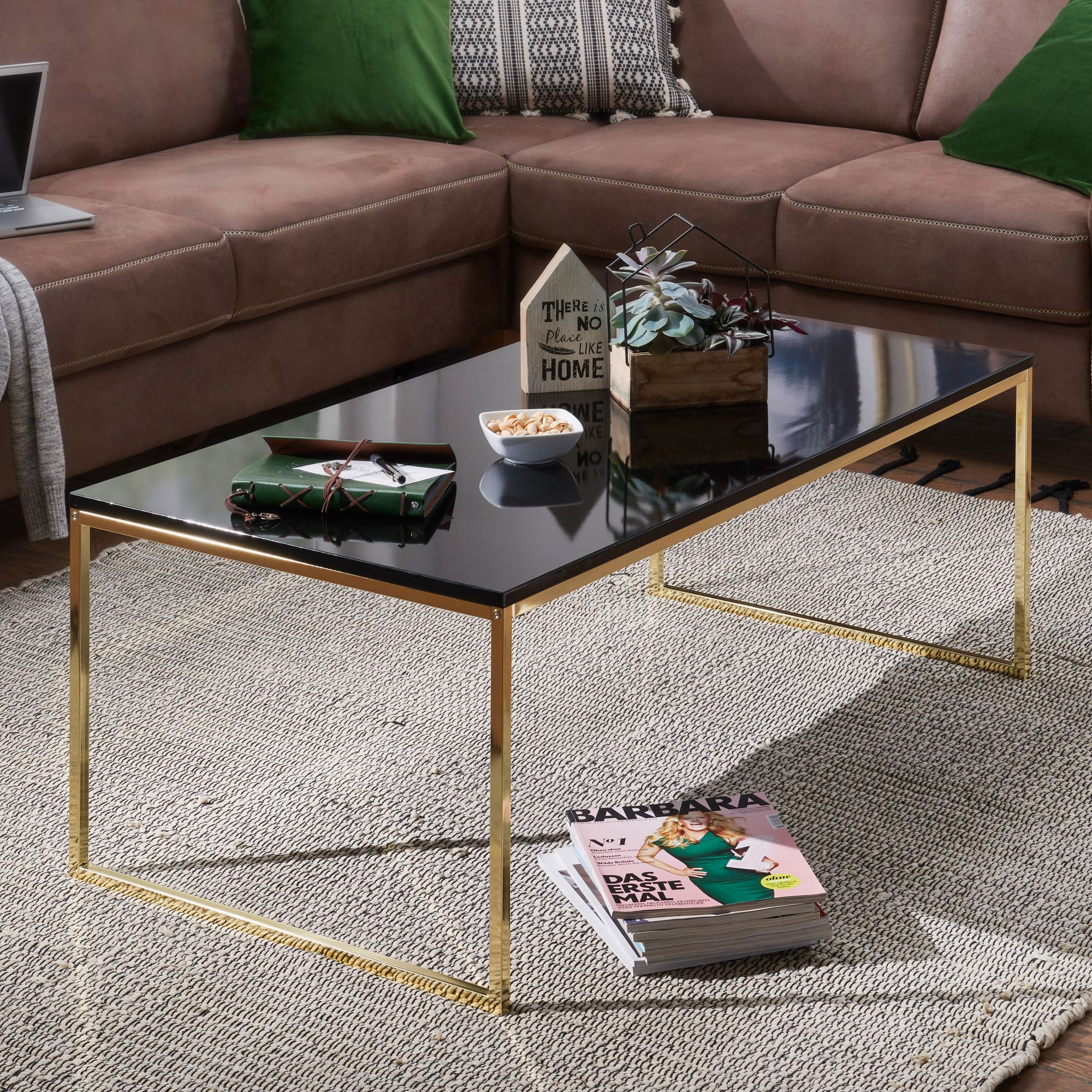 Sofabord Med Guldfarvet Ramme  Bordplade   Sort Glas  120 Cm