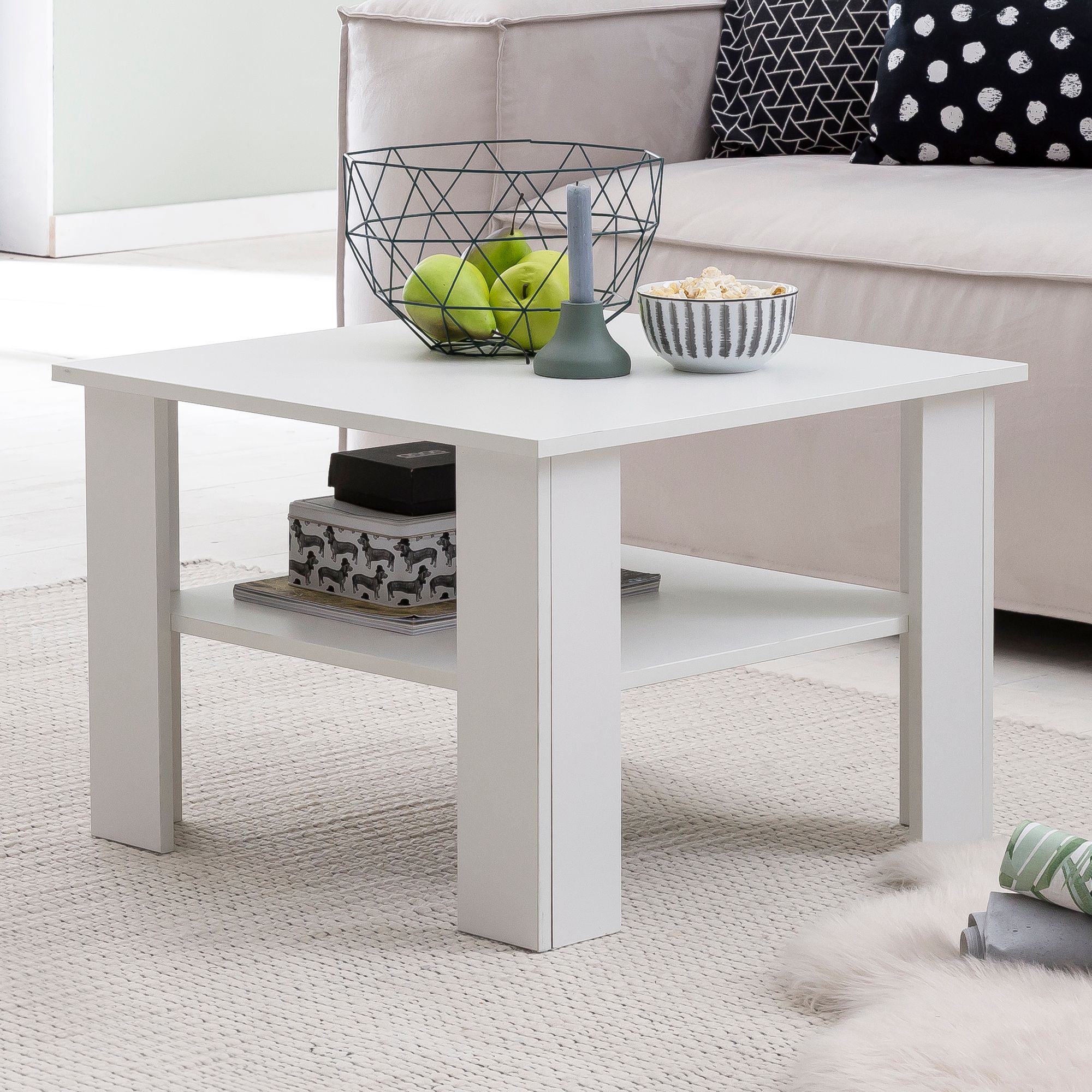 Sofabord Med Hylde  B60xh42xd60 Cm  Hvid
