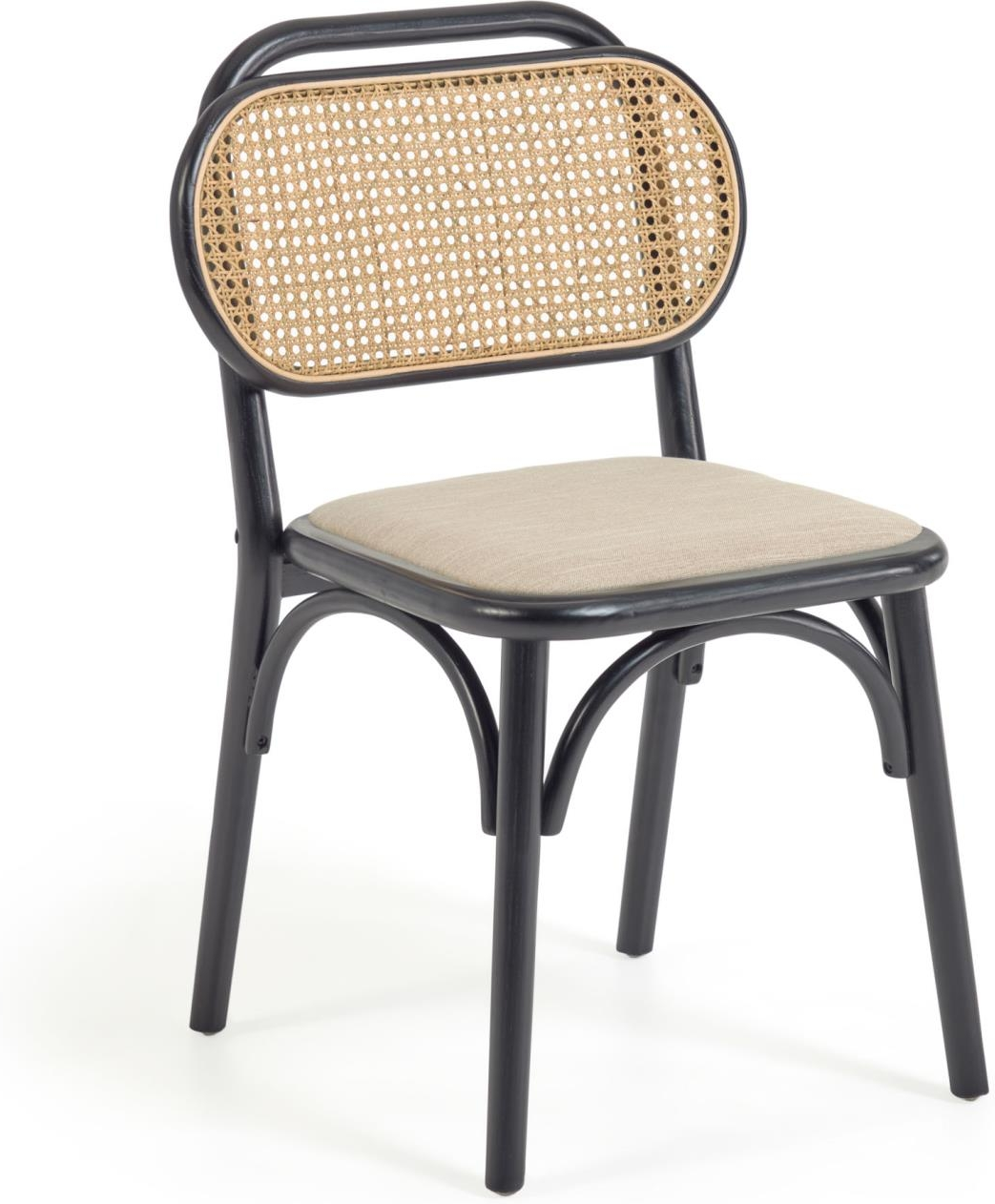 Spisebordsstol Kave Home Doriane   Sort Elmetræ Med Mat Lakfinish  Flettet Rattanryglæn Og Polstret Linned-look Sæde