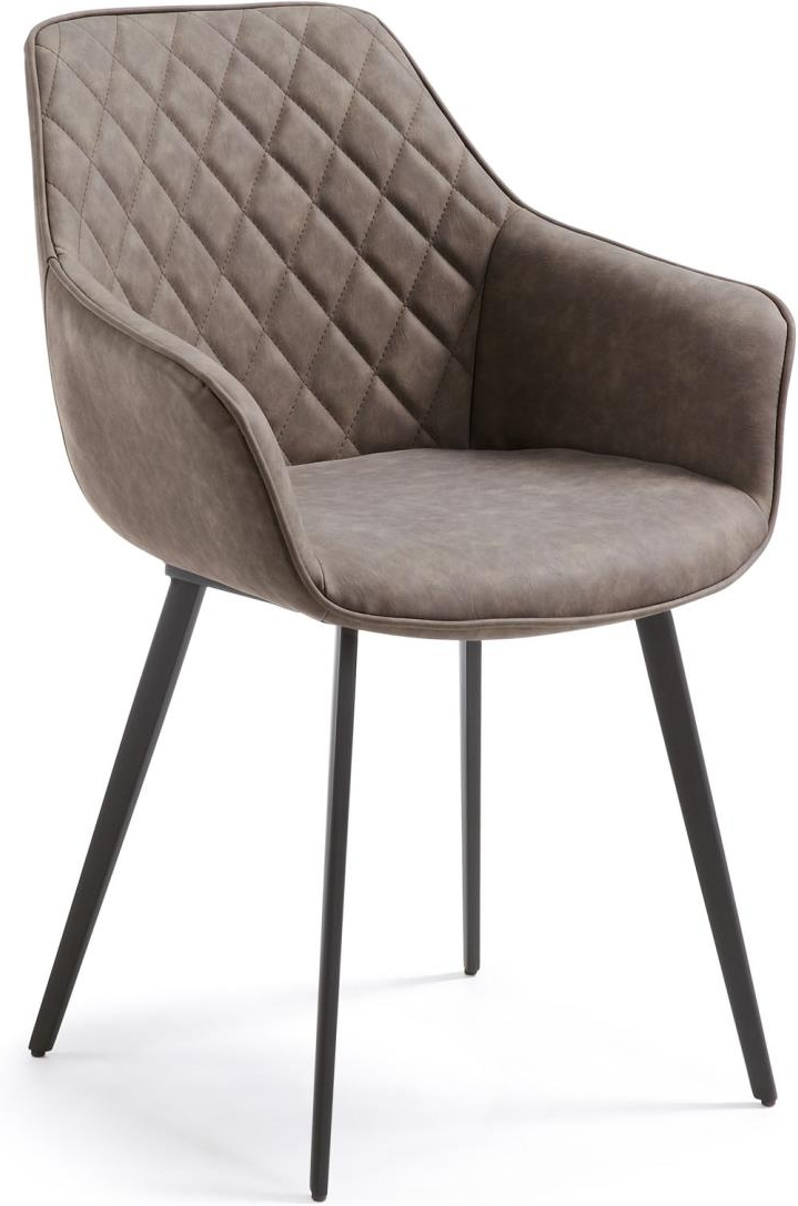 Spisebordsstol Med Armlæn Kave Home Amira Polstret Pu-læder Beige Med Sorte Stålben H87ã B60ã D60 Cm