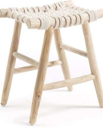 Taburet Kave Home Edgard Rustik Teak   Bomuldsreb Natur Hvid 45x32x45 Cm