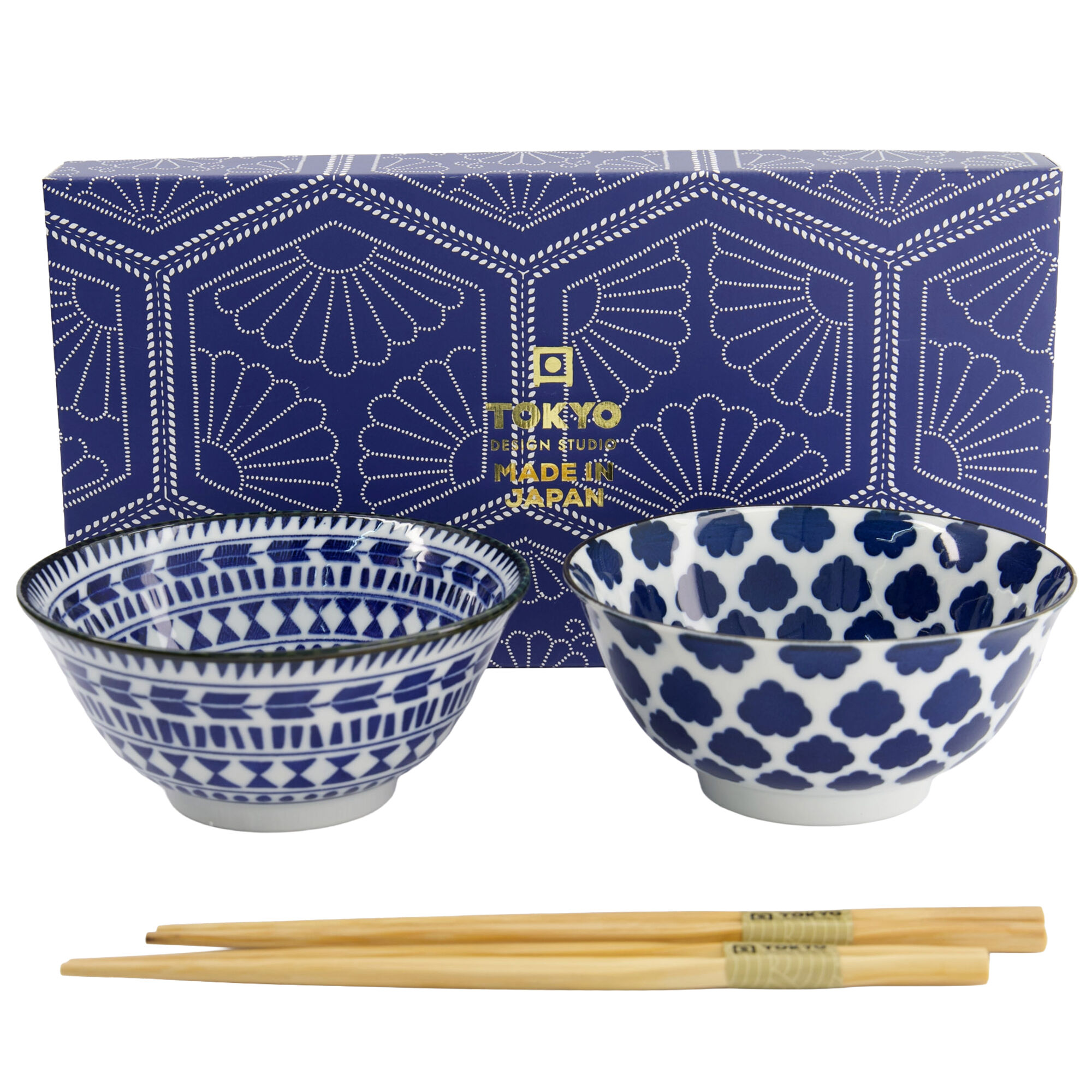 Tokyo Design Studio Tayo Skålsæt 500 Ml Med Spisepinde  Blå Hvid  33753
