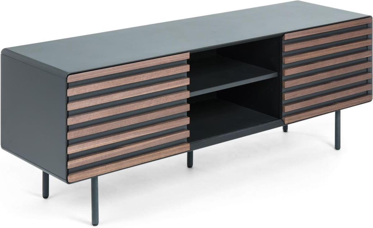 Tv-bord Kave Home Kesia Valnøddefiner Og Mat Grafit Mdf Med Tynde Metalben åbne Hylder 162 Cm