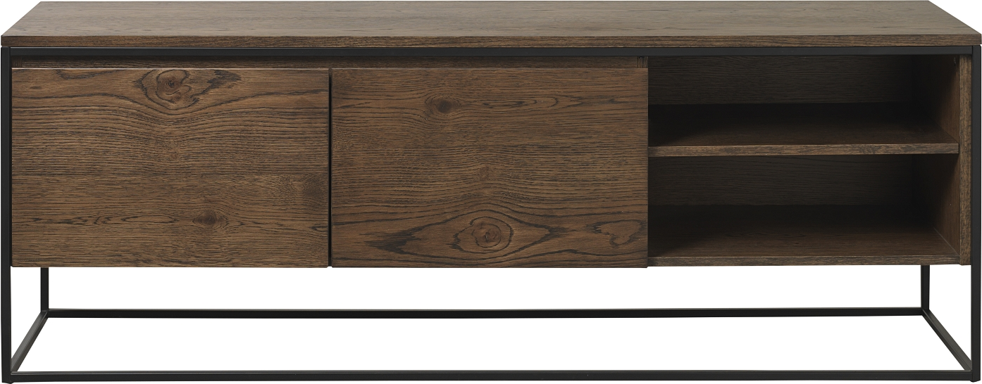 Tv-bord Nordique Design Rivoli   Røget Egetræ Og Sort Metalramme 155ã 42ã 55 Cm Med To Låger Og Hylder