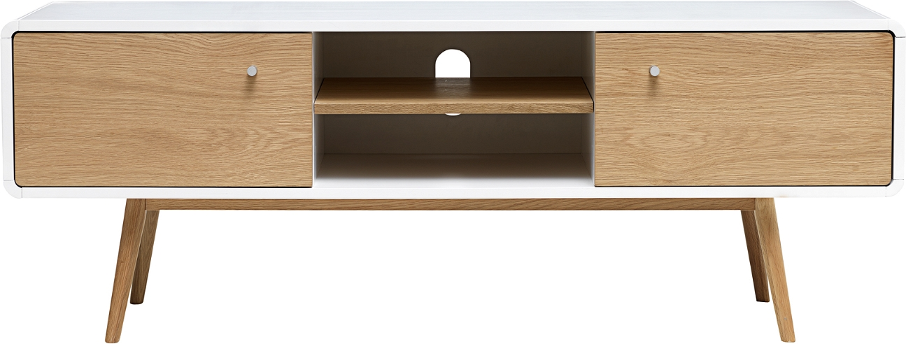 Tv-bord Nordique Design Turin   Hvid Mdf   Massiv Egetræ    Låger   åbne Hylder  150ã 42ã 55 Cm