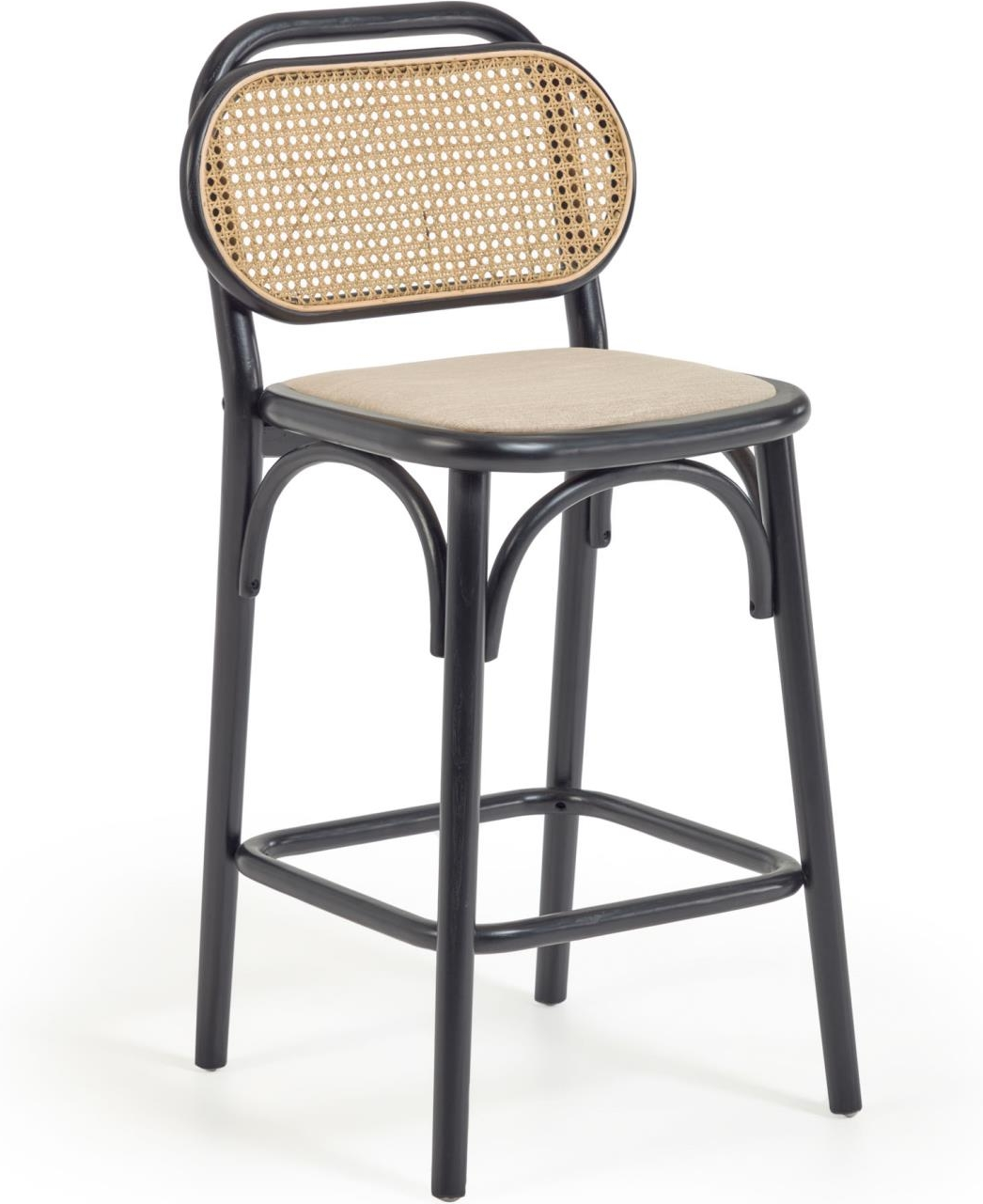 Udendørs Barstol Kave Home Doriane   Massivt Elm Og Håndvævet Rattan Med Vandafvisende Polstring  Sort  H97xb46xd47 Cm