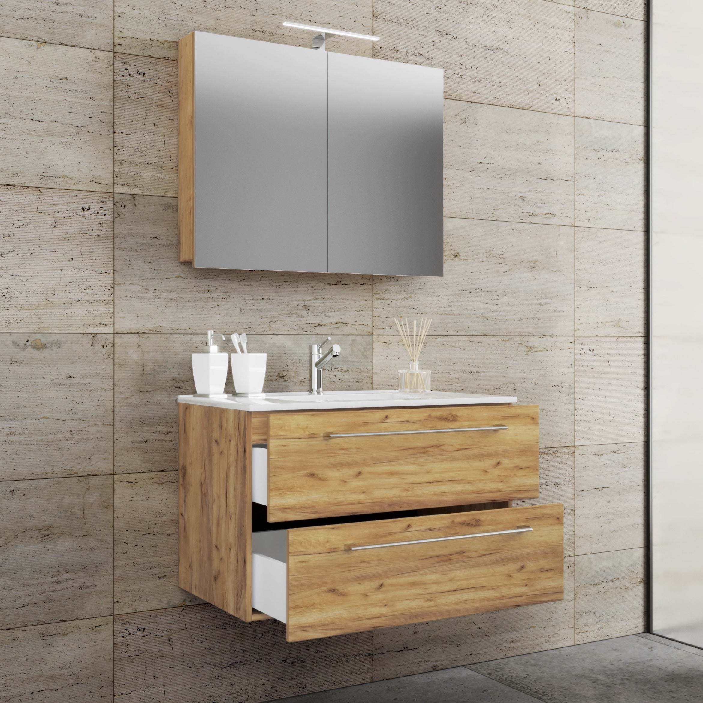 Underskab Med Keramisk Vask Og Spejl  50   80   46 Cm  Farve: Naturfarvet Honning Eg