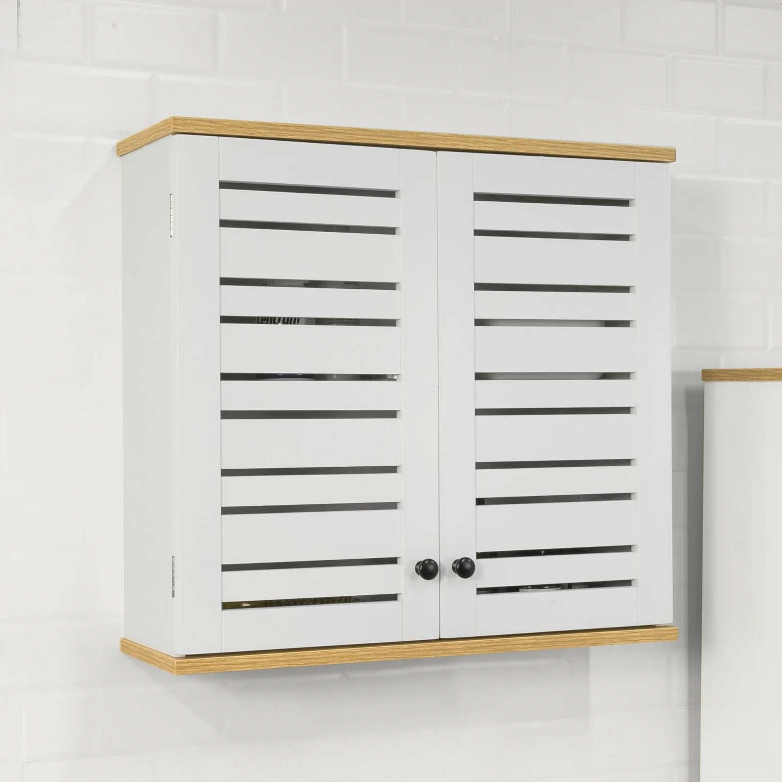Vægskab Med   Døre   Badeværelsesskab Med Dekorative Luftrum  60x19x56 Cm  Hvid Og Naturfarvet