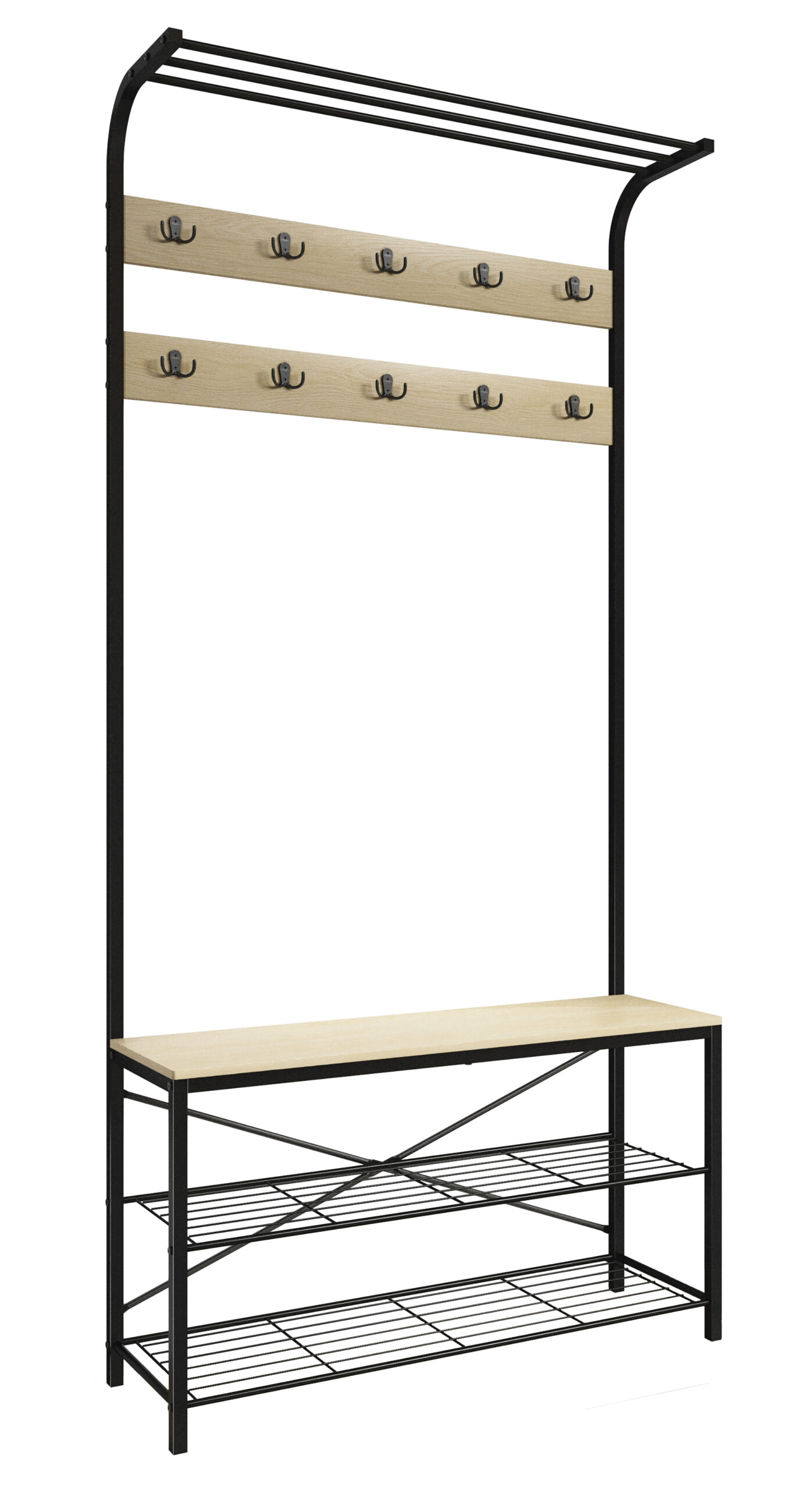 Vcm Nordic Taliro Garderobestativ Hattehylde 10 Knager Hylder Siddeplads Natur Sort Metal