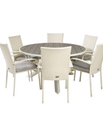 Venture Design Havesæt    Parma Bord  ø140  Og   Anna Stole    Armlæn Hvid Rattan Alu Grå Aintwood