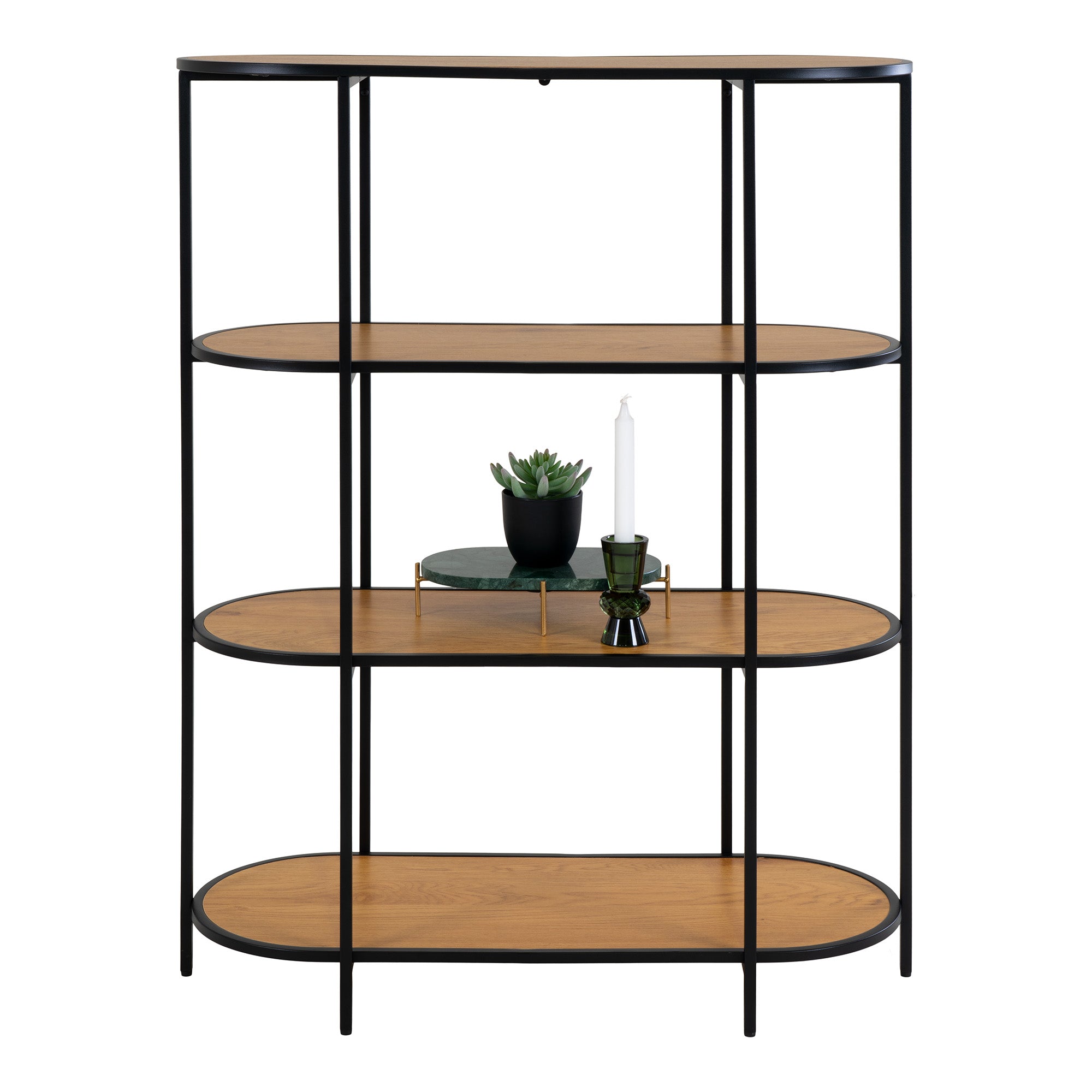 Vita Reol Oval Reol Med   Hylder  Egetræslook Med Sorte Ben  85x36x111 Cm