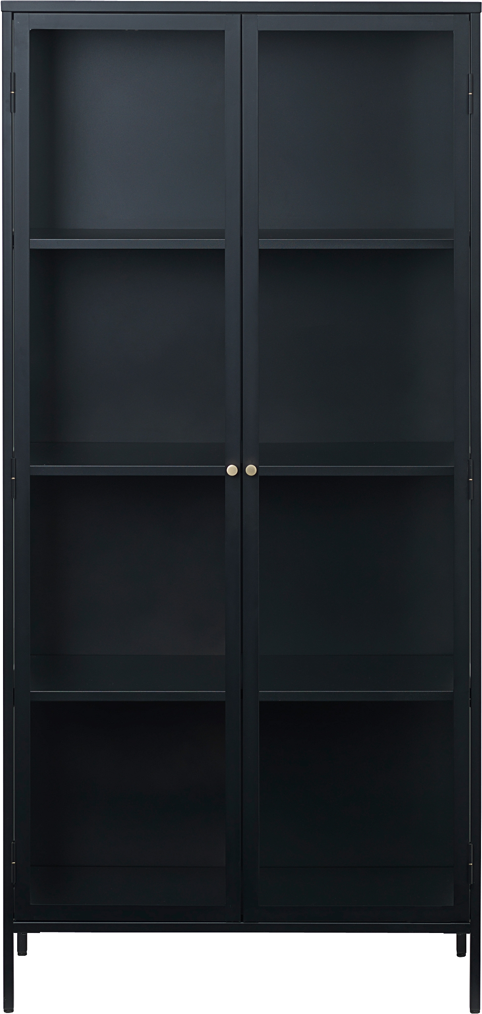 Vitrineskab Nordique Design Carmel   Sort Koldvalset Stål Med Hærdet Glas  Gyldne Håndtag Og Justerbare Hylder H190xb40xd90 Cm