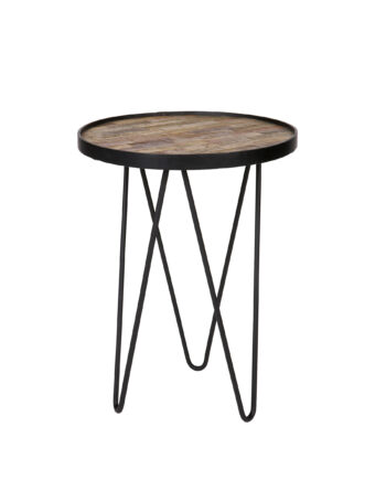 Woood Lev Sidebord  Rund Natur Genanvendt Teak Og Sort Jern  ø39