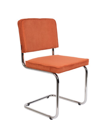 Zuiver Ridge Rib Spisebordsstol Orange Fløjl Polyester Og Sølv Krom