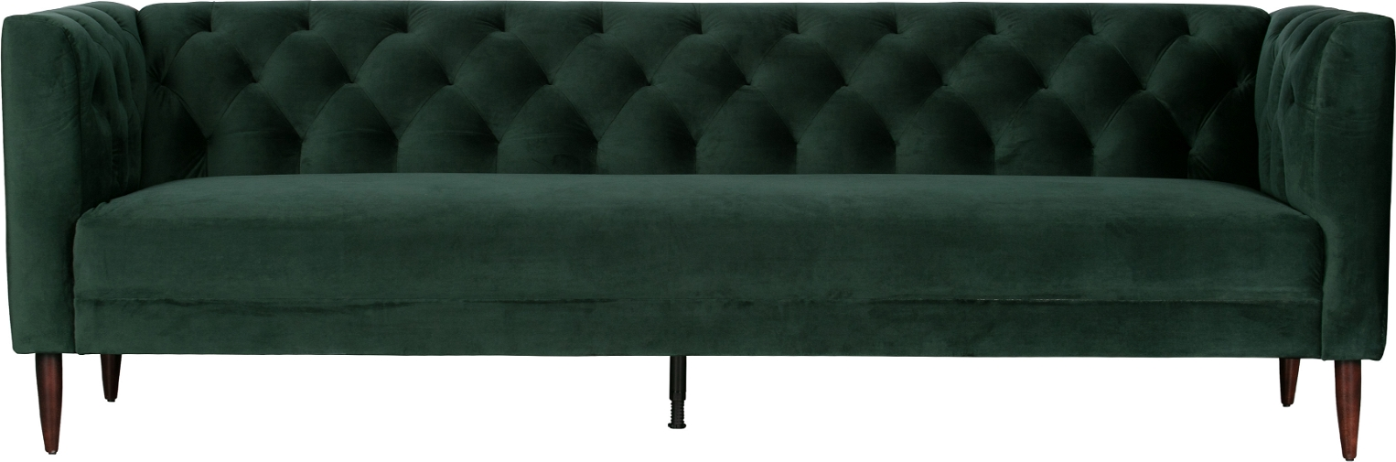 -personers Sofa Woood Nisa Mørkegrøn Fløjlstof   Elegant Kapitonering  Sorte Metalben