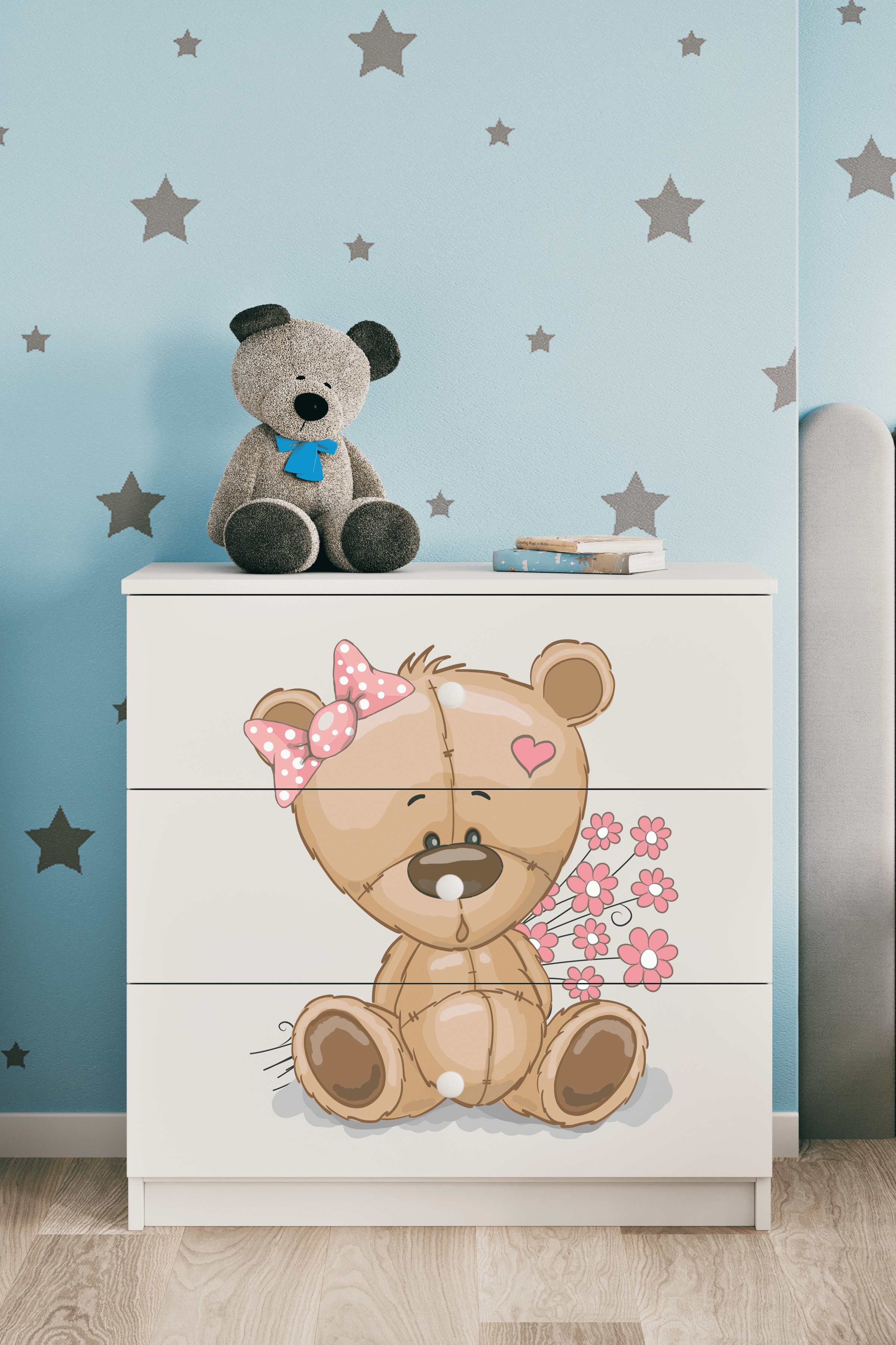 Babydreams Børnekommode Med Bamse Med Blomster       Skuffer Hvid Laminat