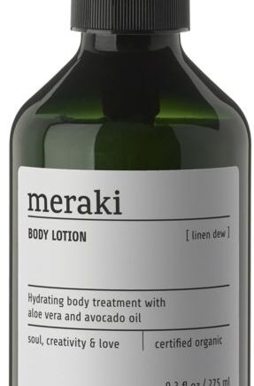 Bodylotion Meraki Linen Dew økologisk Med Kakaosmør   Avocadoolie  Sort Flaske ø6   H16 Cm