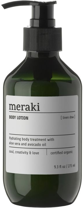 Bodylotion Meraki Linen Dew økologisk Med Kakaosmør   Avocadoolie  Sort Flaske ø6   H16 Cm