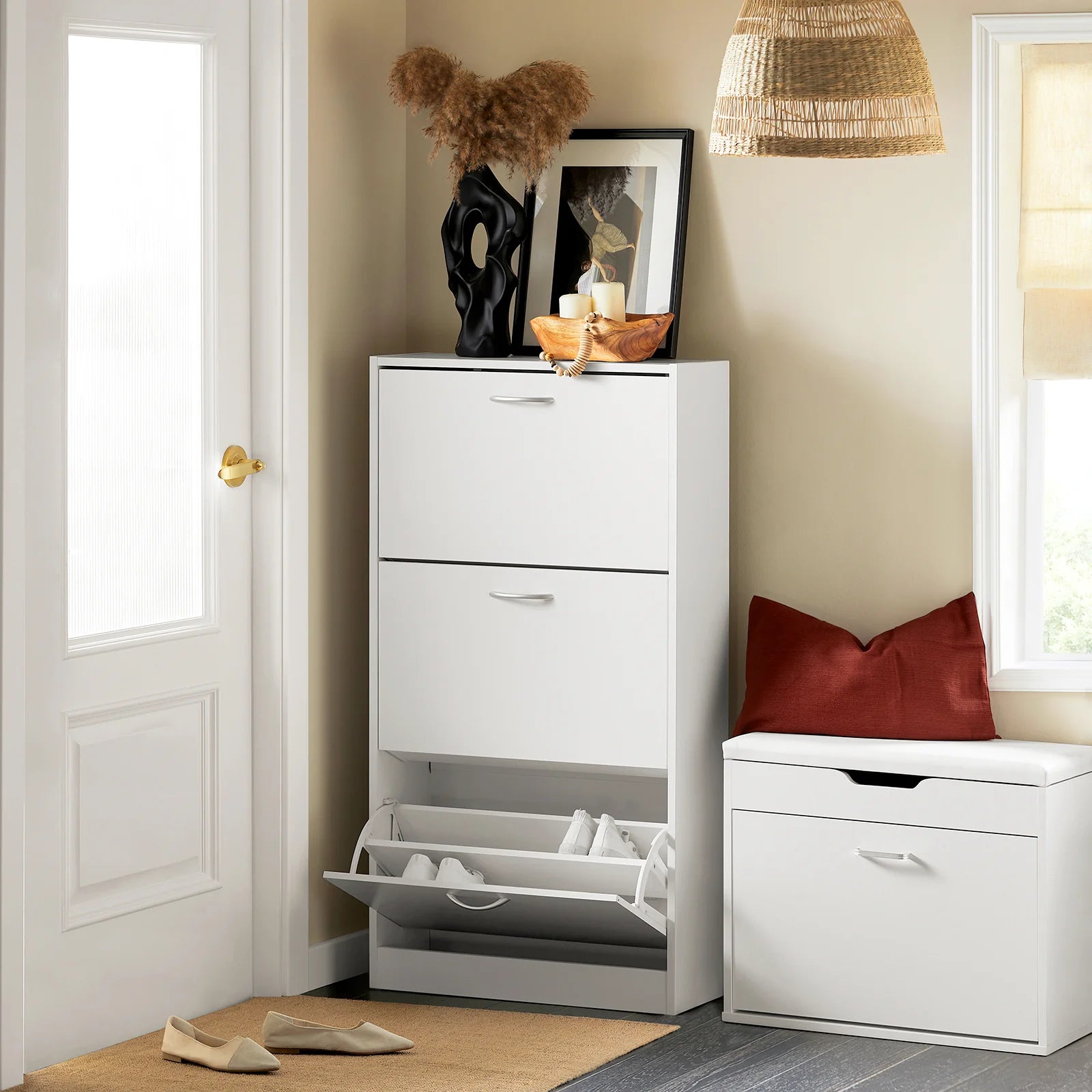 Elegant Og Minimalistisk Skoskab   Nordisk Design  60x24x115 Cm  Hvid