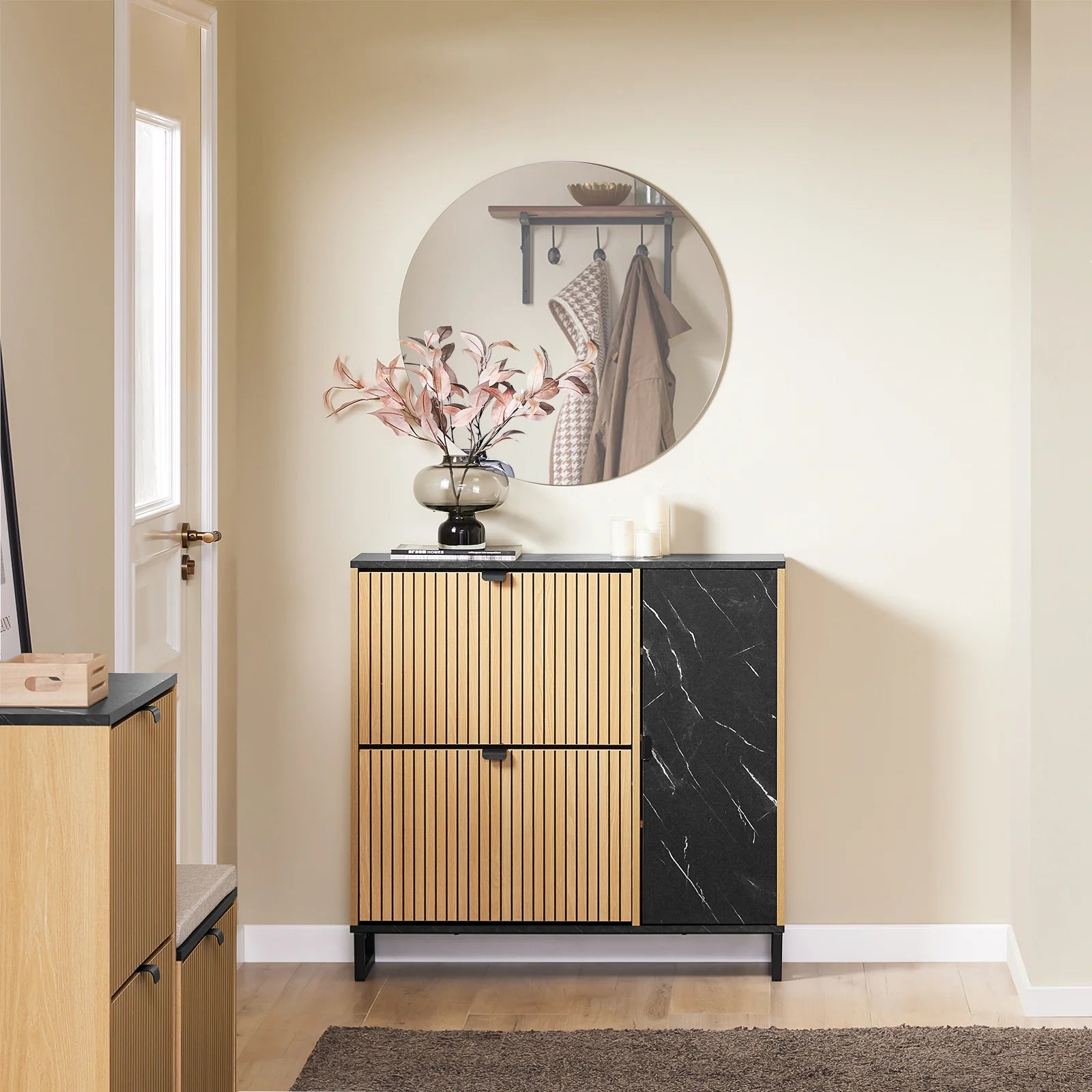 Elegant Og Pladsbesparende Skoskab  90   88   24 Cm  Sort Og Naturfarve