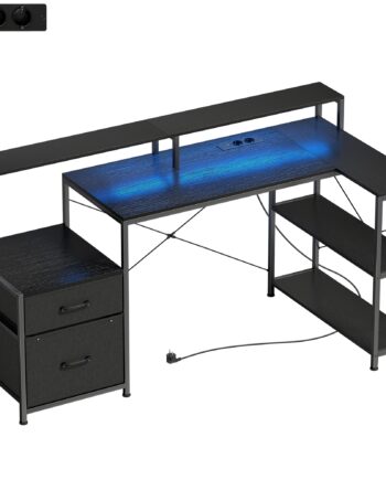 Gamingbord   -formet  Med Led-belysning Og Stikkontakter  Med Dobbelt Skærmstativ  165x80x91   Cm  Sort Trælook