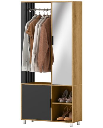 Garderobe Med Spejl Og Bøjlestang  Opbevaringsrum  åbne Hylder  Naturtræ  Sort