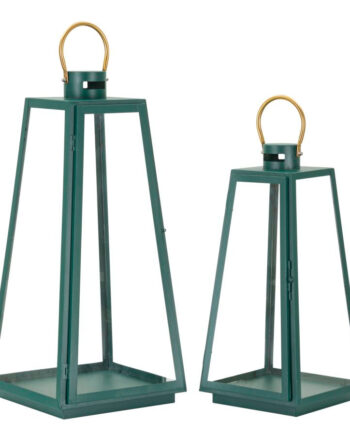 Glam Lanterner   Jern Og Glas  Grøn Og Guldfarvet   25x25x57 Og 20x20x45 Cm
