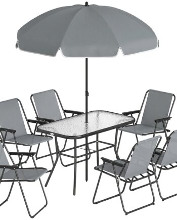 Havemøbelsæt  Siddegruppe  119   68 Cm  Glasbord Med   Klapstole  Parasol  Vandbølgemønster  Grå