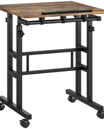 Højdejusterbart Skrivebord  Køkkenbord Med Hylde  Hjul  Rustikt Brunt Computerbord  60   60   70  -120 Cm
