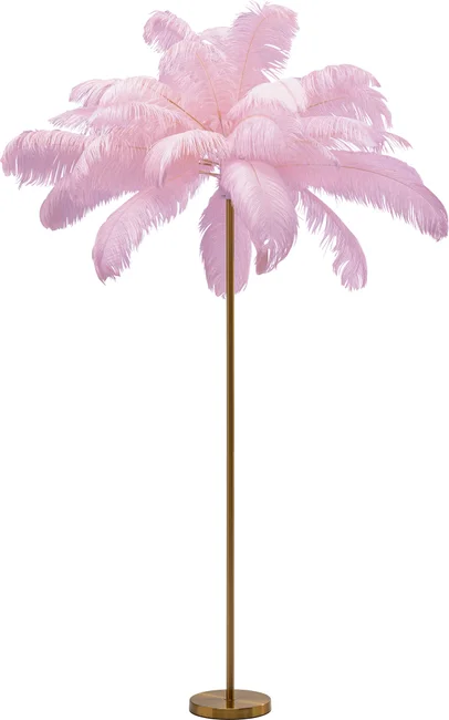 Kare Design Feather Palm Gulvlampe Lyserød Strudsefjer Og Messing Stål
