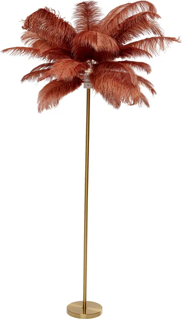 Kare Design Feather Palm Gulvlampe Rustrød Strudsefjer Og Messing Stål