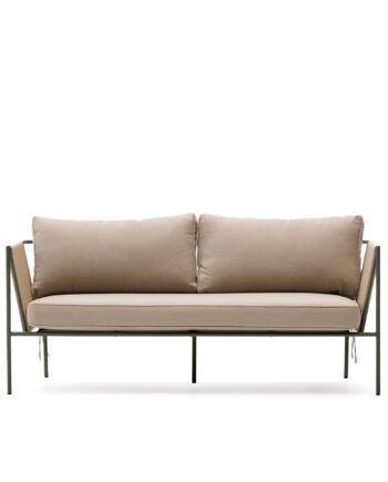 Kave Home Zivia Udendørs   Pers  Sofa     Armlæn Og Hynder Ecru Rebsnor Og Grøn Stål  178cm