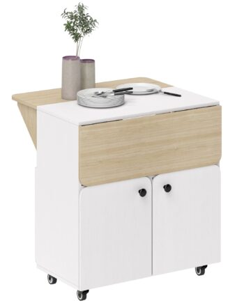 Klapbord Med Rulleskab  To Klapbordssider  Skab    Hjul  Hvid   Naturtræ  70   83   75 Cm