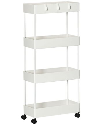 Køkkenvogn Med   Hylder    Fleksible Kroge    Hjul  40 Cm   19 Cm   90 Cm  Nichevogn  Hvid