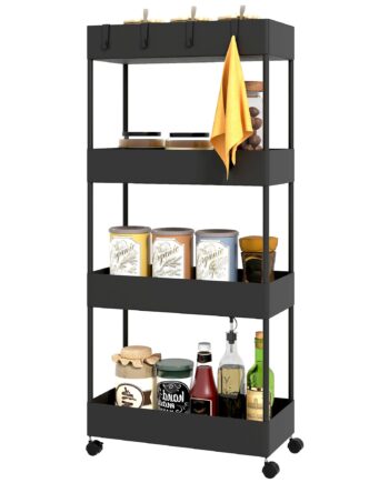 Køkkenvogn Med   Hylder    Fleksible Kroge    Hjul  40 Cm   19 Cm   90 Cm  Nichevogn  Sort