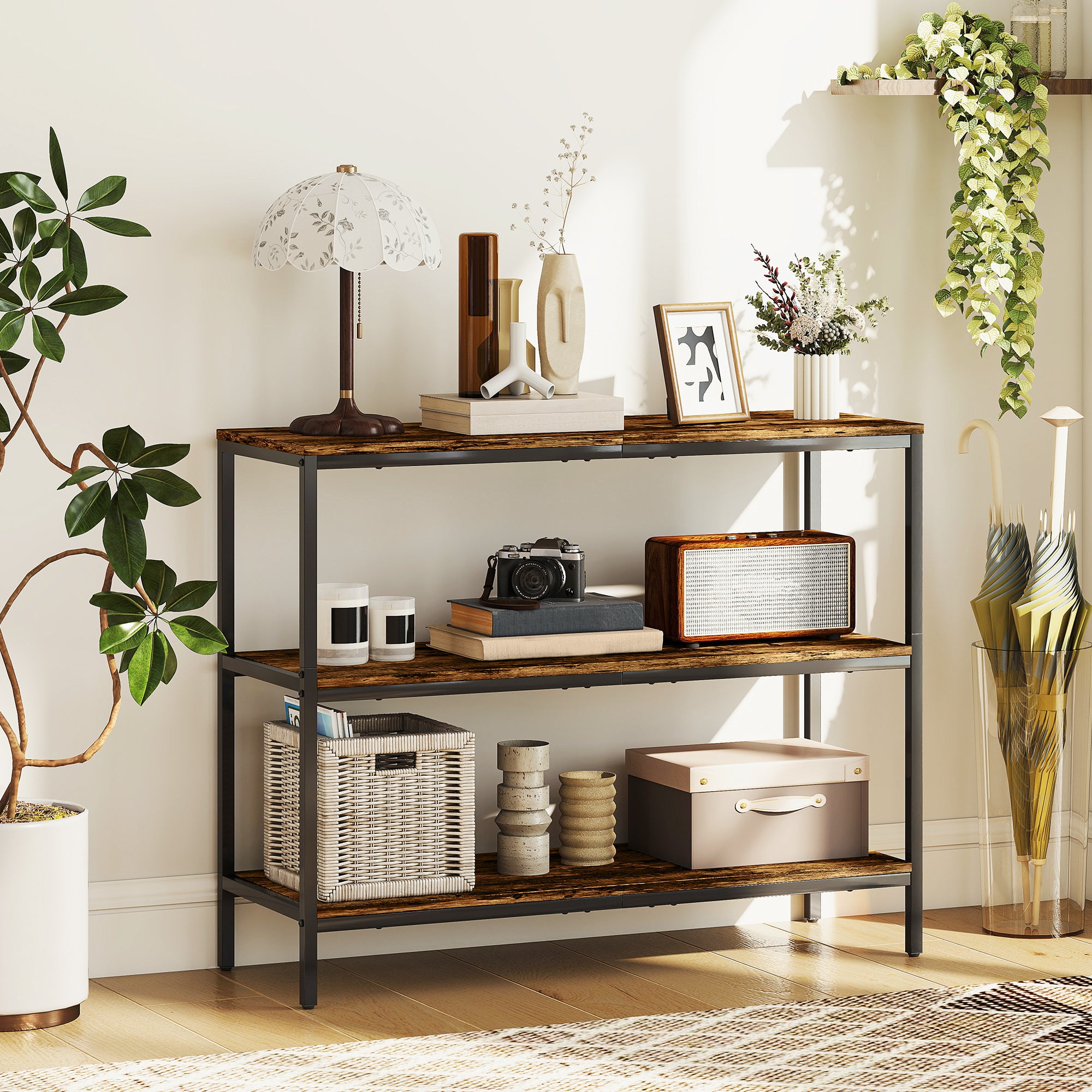 Konsolbord Sidebord Med -lags Hylde Spånplade Metal Lysebrun