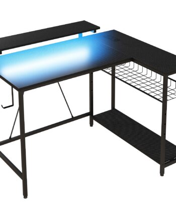 -formet Skrivebord Med Led-belysning  Stikkontakter  Usb-porte  Vendbart Computerbord Med Hylde  107   80   90 Cm  Sort