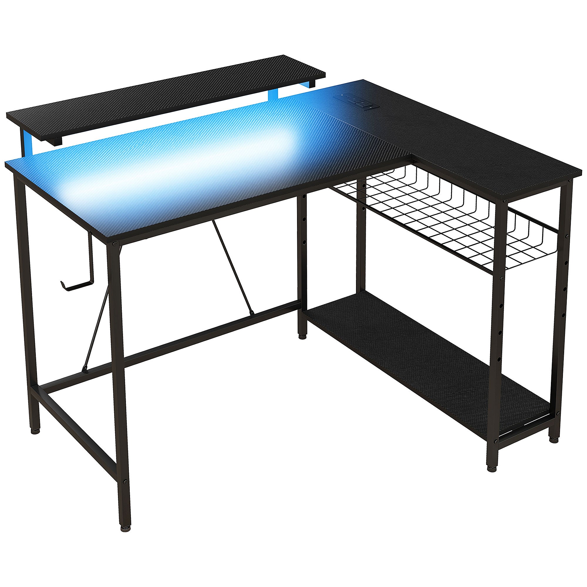 -formet Skrivebord Med Led-belysning  Stikkontakter  Usb-porte  Vendbart Computerbord Med Hylde  107   80   90 Cm  Sort