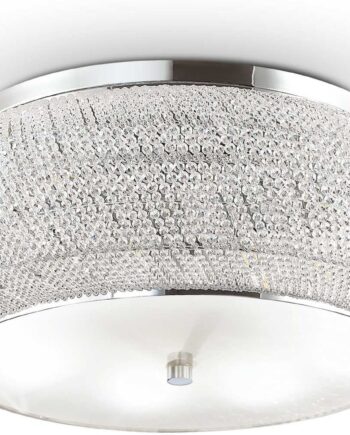 Loftlampe Ideal Lux Pasha ø65 Cm Krom Med Krystalperler Og Frostet Glas