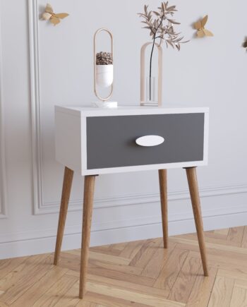 Natbord Med Skuffe  60er Stil  60x45x30 Cm  Naturfarvet Og Grå