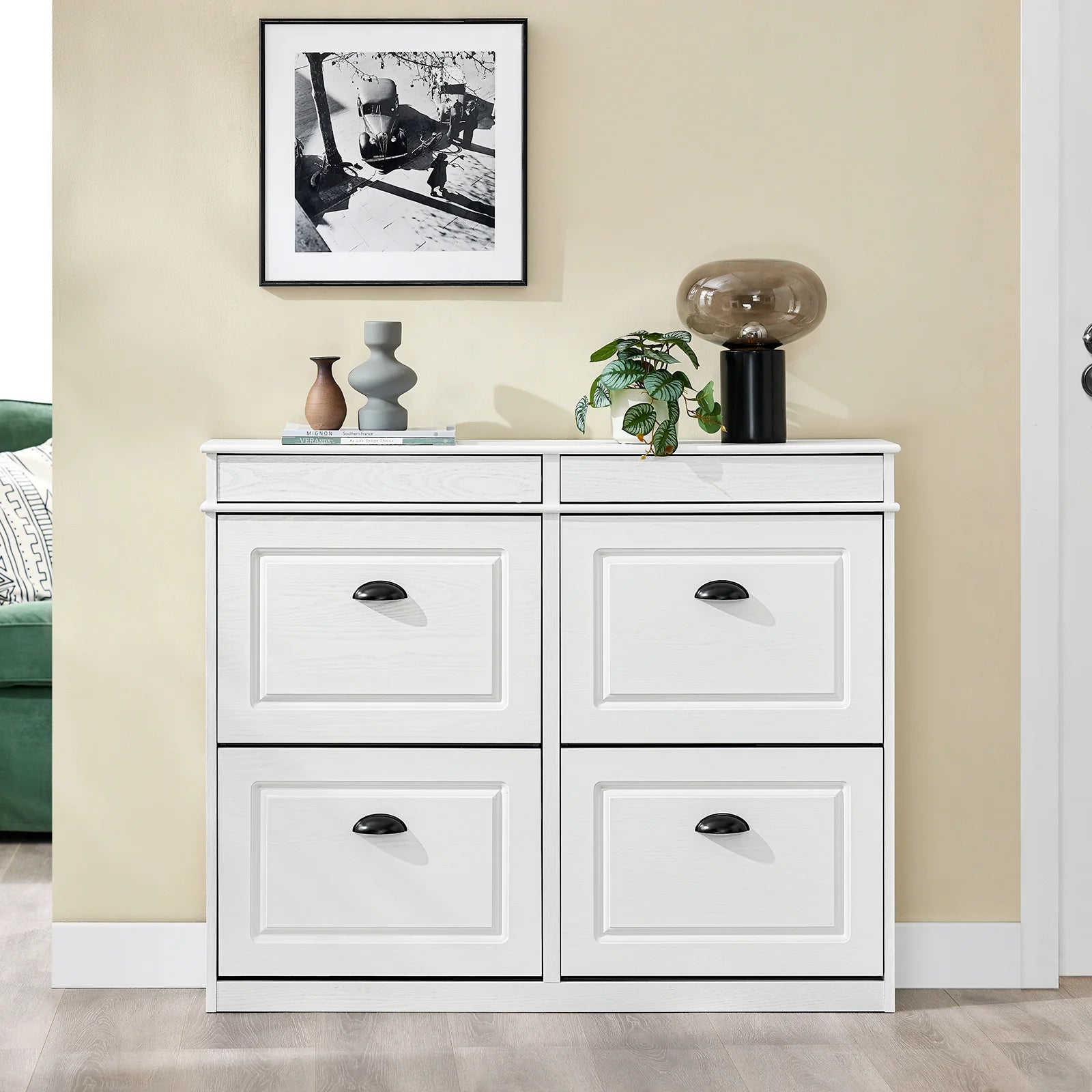 Organisér Din Entré Med Et Pladsbesparende Skoskab   Hvid Vintage-træ-effekt  103   82   23 Cm