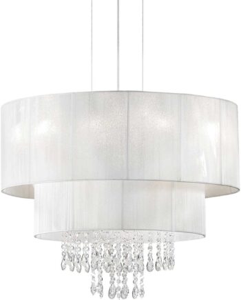 Pendel Lampe Ideal Lux Opera ø50 Cm Hvid Krom Med Krystaller Justérbar Højde 4ã E27