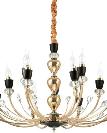 Pendel Lampe Ideal Lux Vanity Gyldent Metalstel Sorte Detaljer Krystaller ø88 Cm Justerbar Højde 65-91   Cm