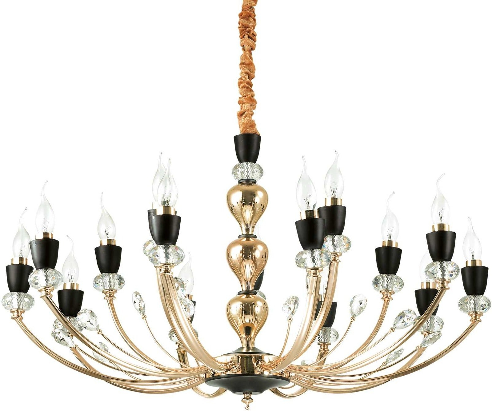 Pendel Lampe Ideal Lux Vanity Gyldent Metalstel Sorte Detaljer Krystaller ø88 Cm Justerbar Højde 65-91   Cm