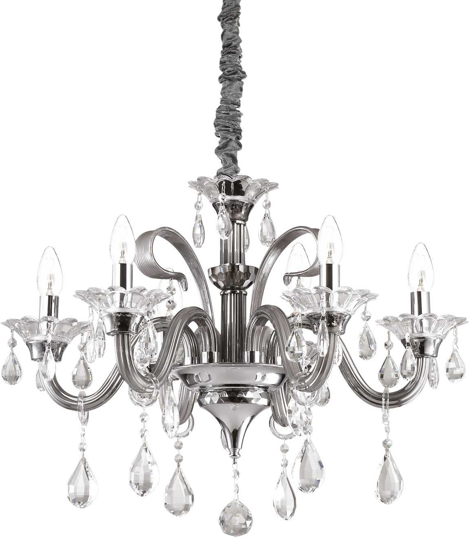 Pendellampe Ideal Lux Colossal ø660ã H800-1600 Mm Grå Krom Med Blæst Glas Og Krystaller