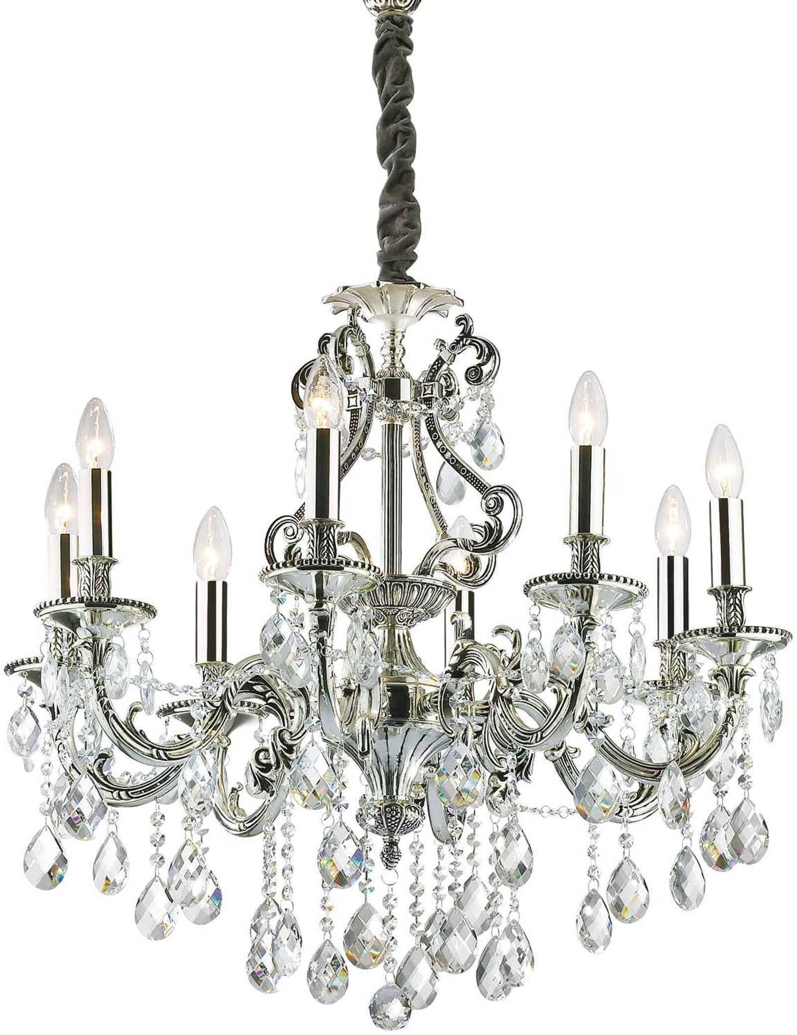 Pendellampe Ideal Lux Gioconda ø73   H95 120 Cm 8x E14 Antik Sølv Med Krystaller