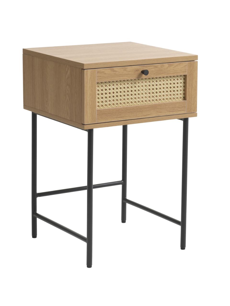 Pensacola Sidebord       Skuffe Natur Eg Melamin  Polyrattan Og Sort Metal  45x45